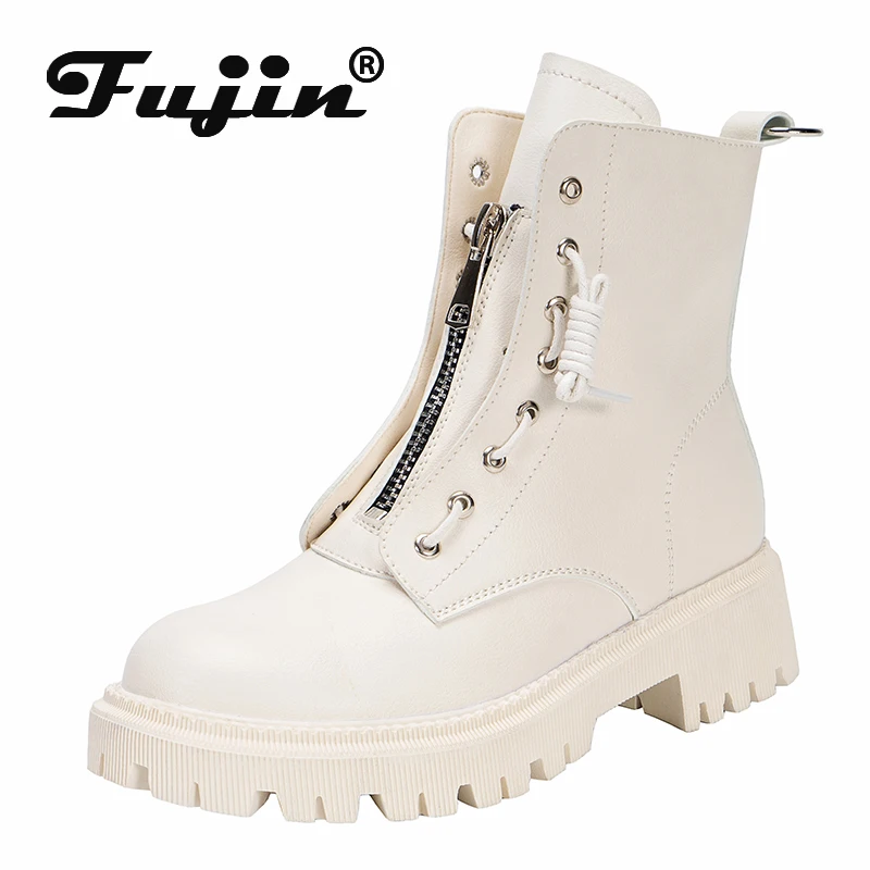

Fujin New Pink Women Boots Autumn Lace up Solid Casual Ankle Boots Round Toe Zip Lace upWomen Shoes Winter Boots Platform