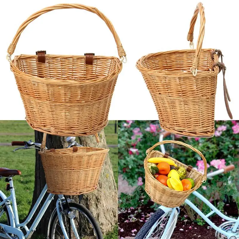 Best ABZB-New Arrival Vintage Wicker Bike Bicycle Front Basket Shopping Box Handlebar Leather Straps High Quality Outdoor Sports Acce 4