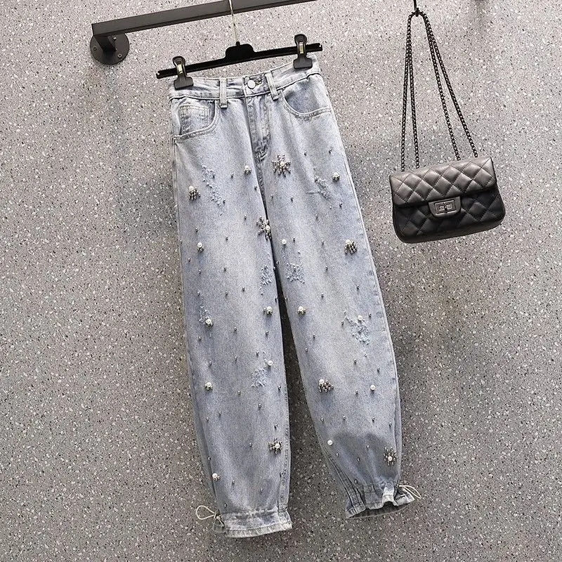 Women's Pants Plus Size Women's Jeans Women's Fashion Spring 2021 Denim Loose and Thin Cropped Jeans Women's High Waist Jeans 2021 spring frayed micro flare jeans women s spring large size high waist thinning fringed stretch cropped pants