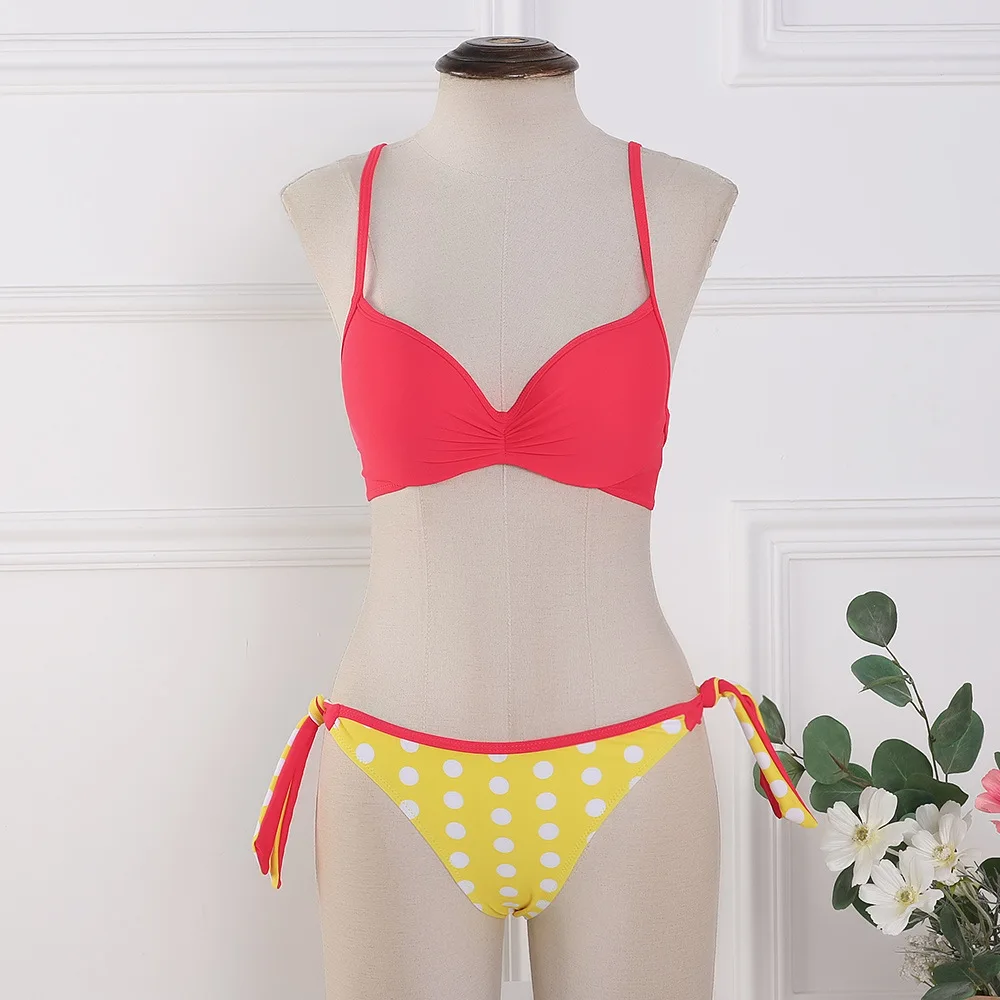 2020 Bikini Set Halter Swimwear Women Dot Solid Color Swimsuit Side Bandage Bathing Suit Beachwear Push Up Sexy Bikini