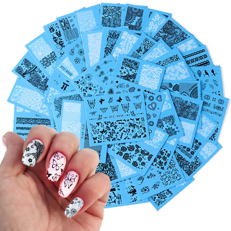 

48pcs Mix Lace Flower Nail Sticker Set Black White Water Transfer Decals Sexy Girl Wraps Tips Decor DIY Manicure SASTZV001-048