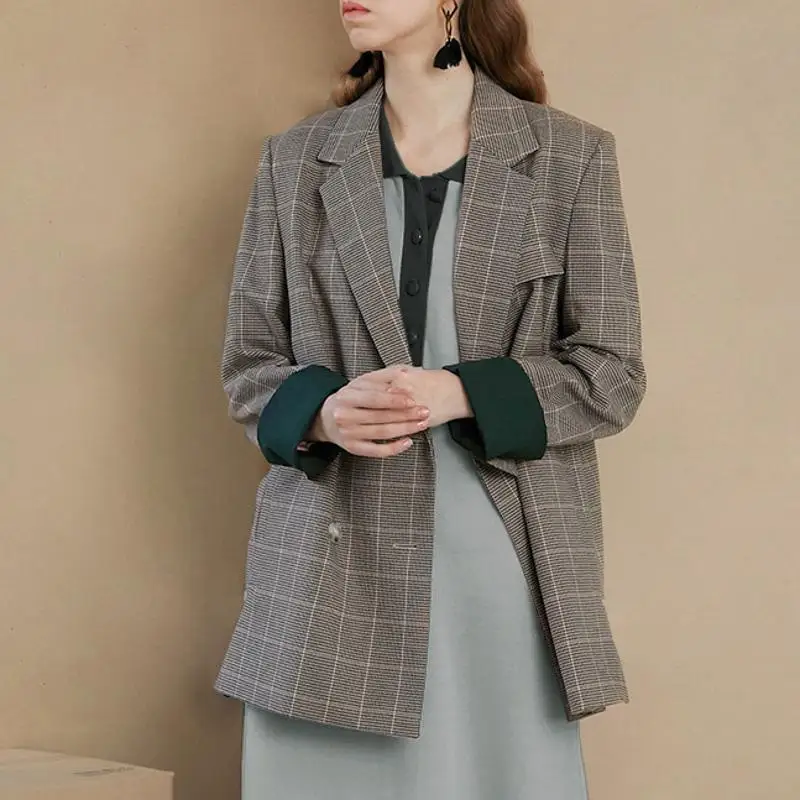 Aartiee Long sleeve plaid Blazer women Autumn winter Elegant office ladies outwear Pocket female striped lining jacket coat new
