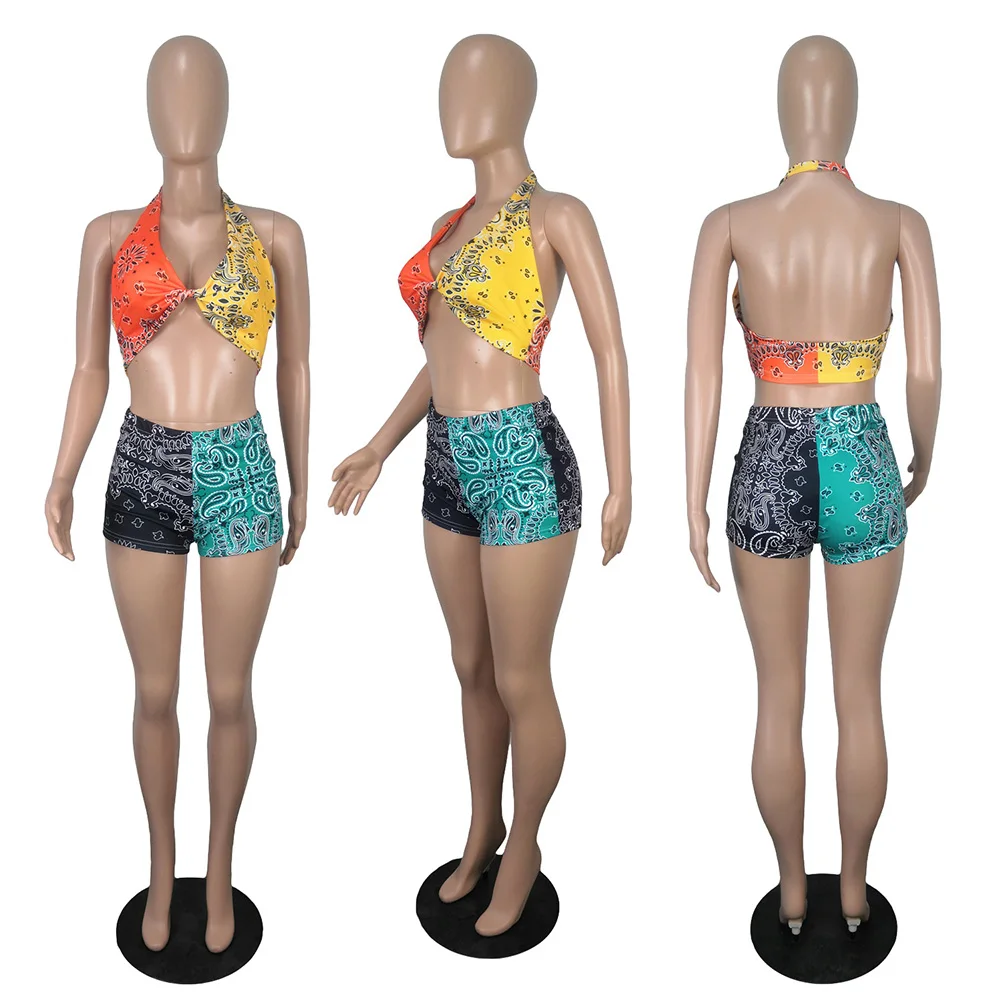 Sexy Bra Bandana Sets Two Pieces Shorts 2021 Women Tracksuit Halter Crop  Top And Mini Shorts Beach Wear Matching Set Clubwear - AliExpress