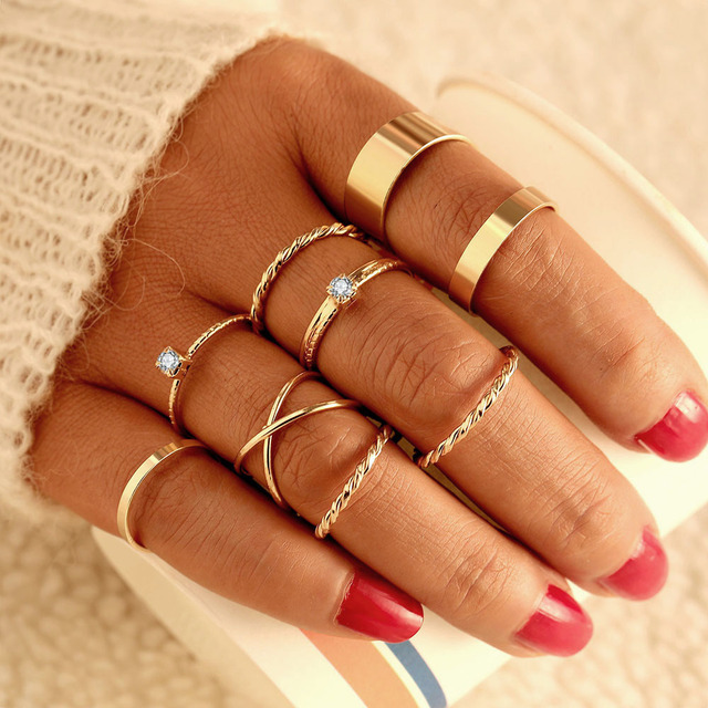 Gold Twist Pearl Pearl Rings Set Fashion Geometric Hollow Crystal Ring For Women Heart Joint Rings Boho Jewelr Accessories