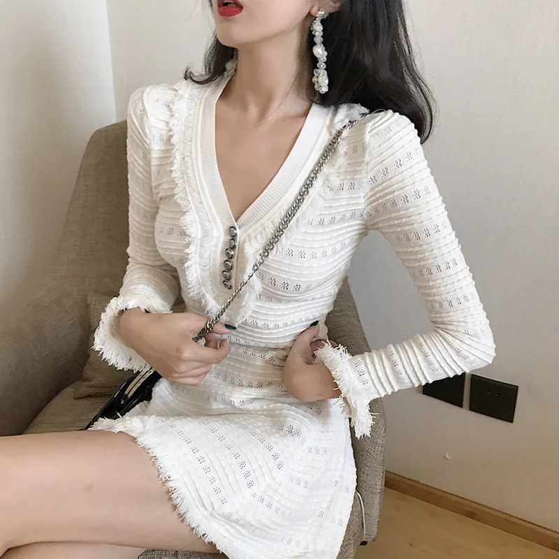 Autumn White Knitted Dress Elegant Women Long Sleeve V-neck Sexy Party Dress Striped Tassel Black Winter Sweater Dresses
