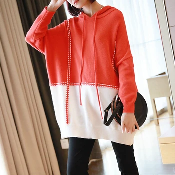 

Autumn Winter Contrast Cotton Knitted Sweater Pullover Women Fashion Oversized Female Knitted Pullover with Hooded Plus Size