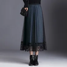 Плиссированная юбка Женская эластичная высокая талия Свободная Повседневная Длинная кружевная сетчатая юбка женская элегантная двухсторонняя одежда длинная юбка макси в горошек