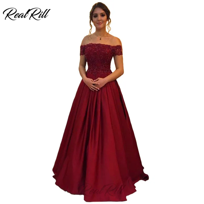 

Real Rill Off The Shoulder Prom Dresses Satin Beaded Lace Up Back Floor Length A Line Long Dress For Party