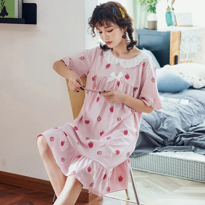 Летняя Хлопковая пижама женская летняя ночная рубашка с коротким рукавом большого размера Ночная рубашка свободное тонкое домашнее платье для беременных принцесс - Цвет: 960