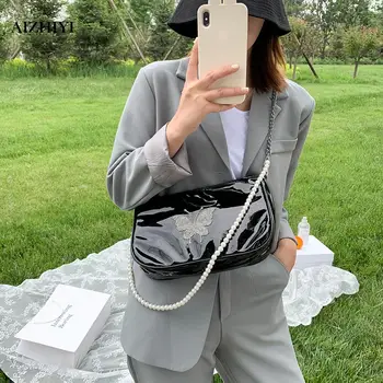 

Women Handbag Butterfly Fashion Rhinestone Pearl Chain PU Shoulder Crossbody Bag Ladies Chain Shoulder Messenger Bag