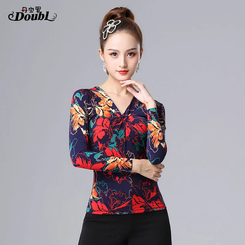 DOUBL Latin Dance Top Long Sleeve Female Adult National Standard Practice Dress Social Dance Stage Performance Dance Workout