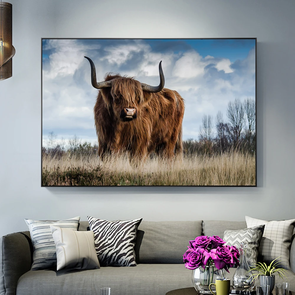 Highland Cow on the Grass Nordic Art Posters And Prints Animals Pictures Wall Decor Landscape Paintings For Living Room | Дом и сад