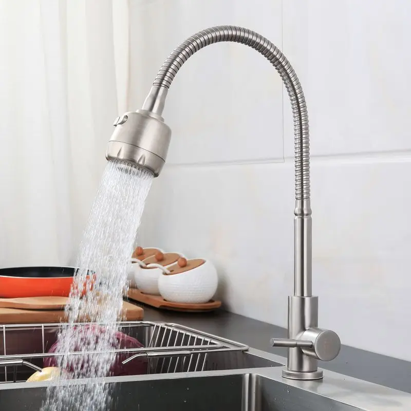 

Manufacturers 304 Stainless Steel Brushed Sink Single Cold Universal Shower Hose Rotatable Big Bend Kitchen Faucet