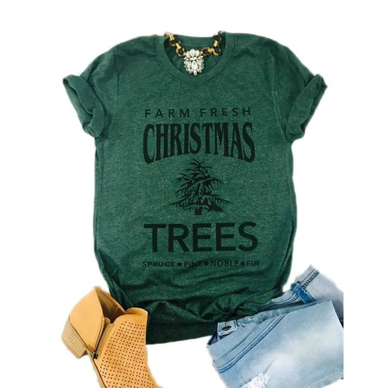 

2019 Explosion Casual Fashion Cotton Tops Christmas Trees Letter Printed Round Neck Short Sleeve Christmas Tshirt Women