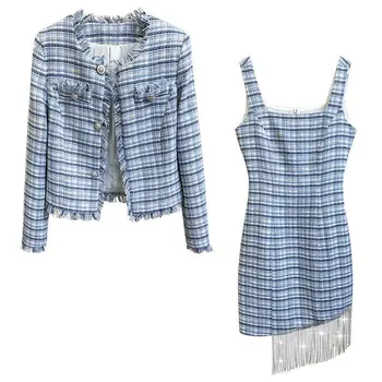 

GetSpring Women Sets Vintage Blazer Dress Set Plaid Tweed Suit Blazer Coat With Rhinestone Tassel Dress Two Piece Set Autumn New