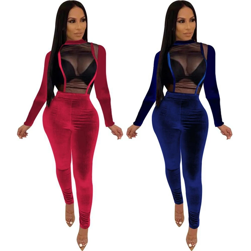 Облегающие сексуальные комбинезоны для женщин, комбинезоны с высокой талией, сетчатые Лоскутные тонкие вечерние комбинезоны, Клубные комбинезоны с длинным рукавом, женские Комбинезоны s