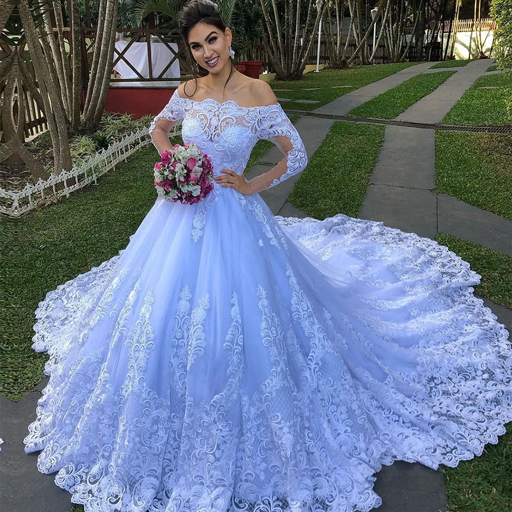 

Платье партии Mariage белый вырез лодочкой с открытыми плечами с длинными рукавами бальное платье в стиле «принцесс», свадебное платье, элегантные платья размера плюс Novias