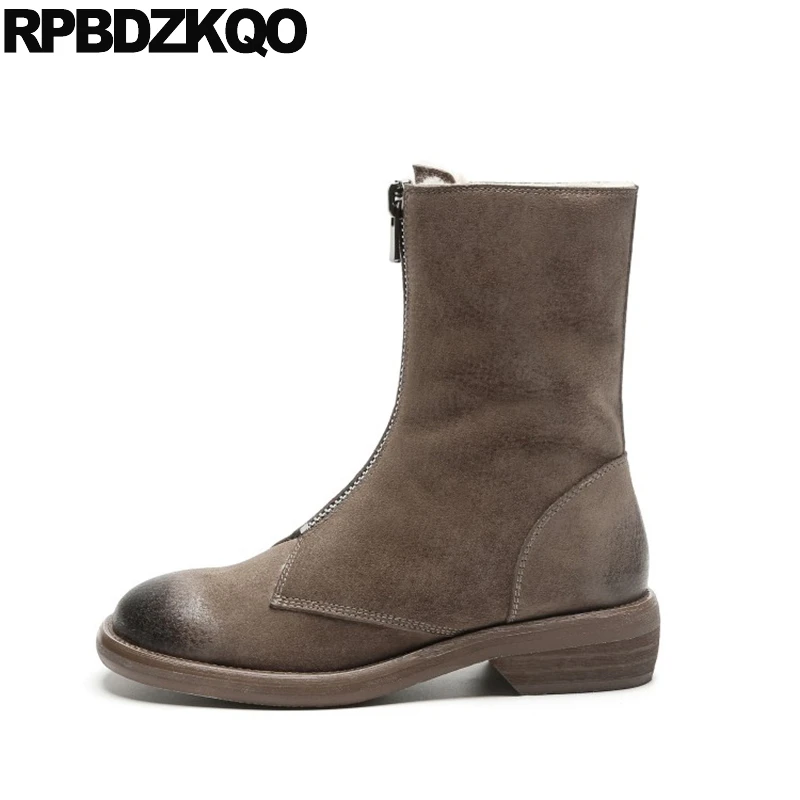 Women Boots Winter 2021 Shoes European Fur Chunky Genuine Leather Ankle Short Block Front Zipper Round Toe Suede High Quality | Обувь