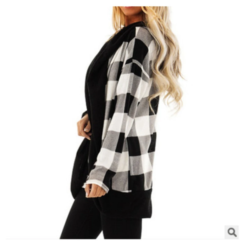 2020 Women Plaid Cardigan Coat Casual Long Sleeve Color Block Open Sitch Coat Top Autumn and Winter Outer Wear Hooded Coat