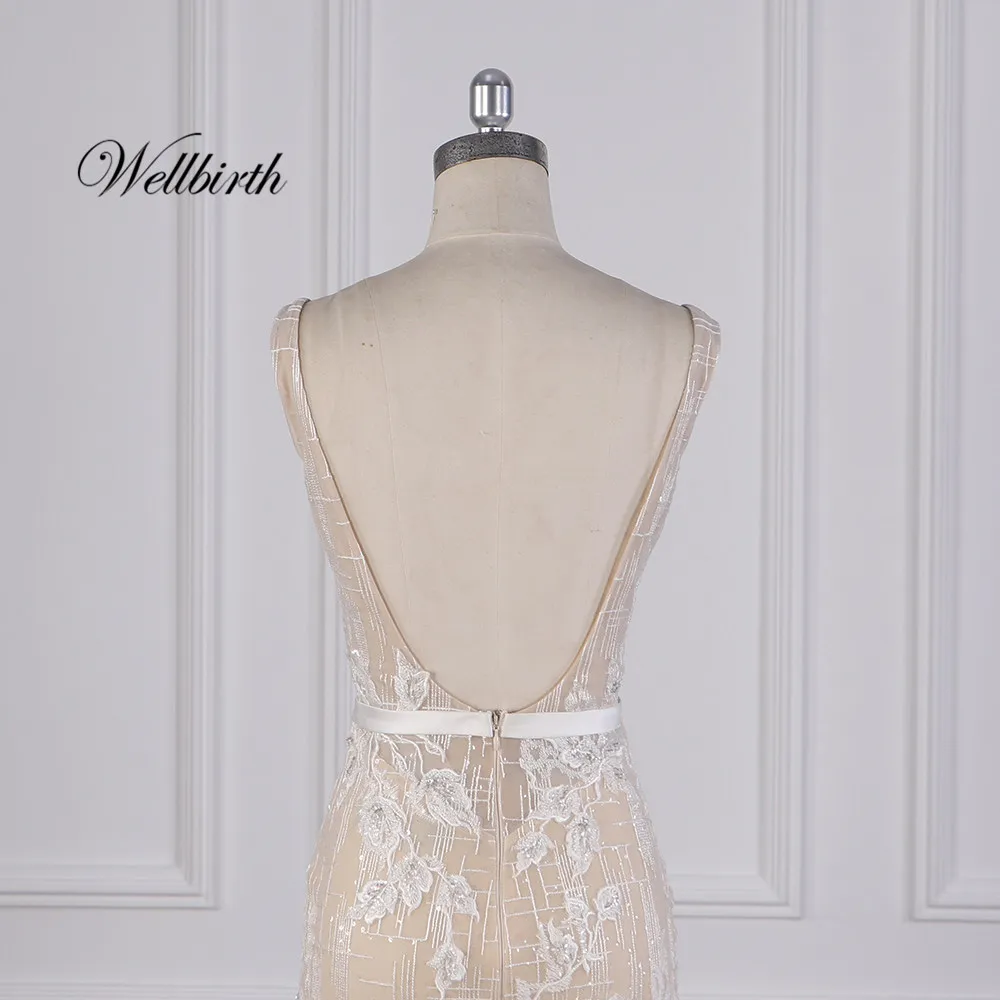 Реальное изображение Wellbirth Vestido de novia, v-образный вырез, открытая спина, Русалка, свадебное платье с коротким рукавом, свадебное платье JC024