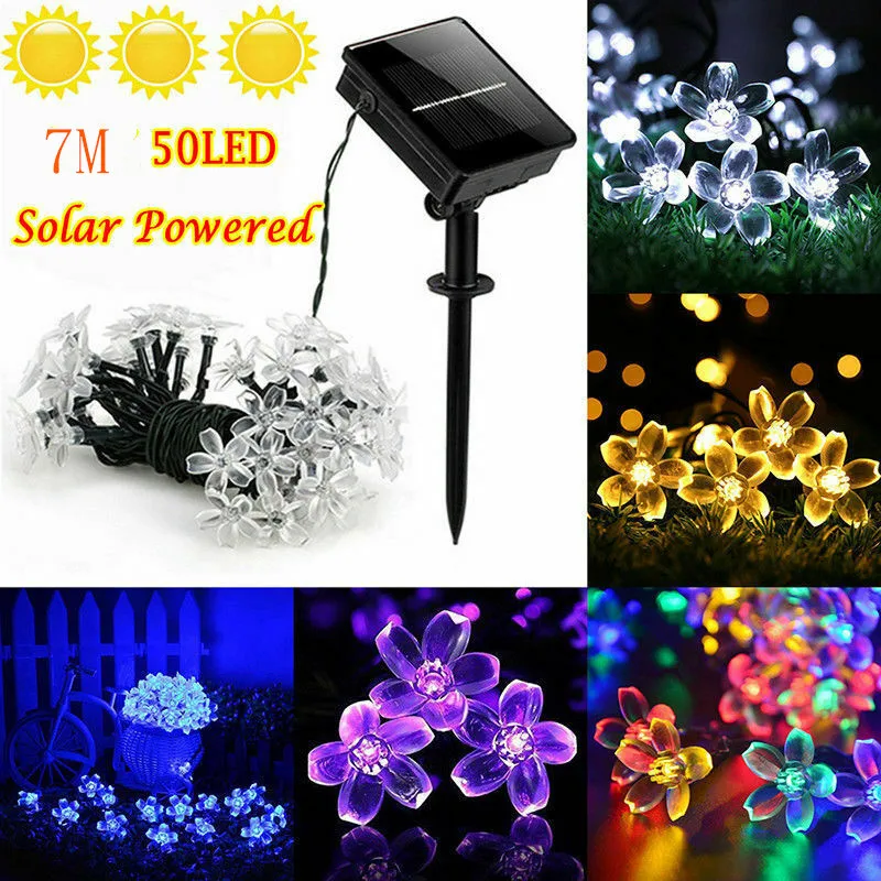 50 LED Solar Flower Fairy String Light Blossom Waterproof Outdoor Party Decor Christmas Tree Hanging Ornaments Decoration