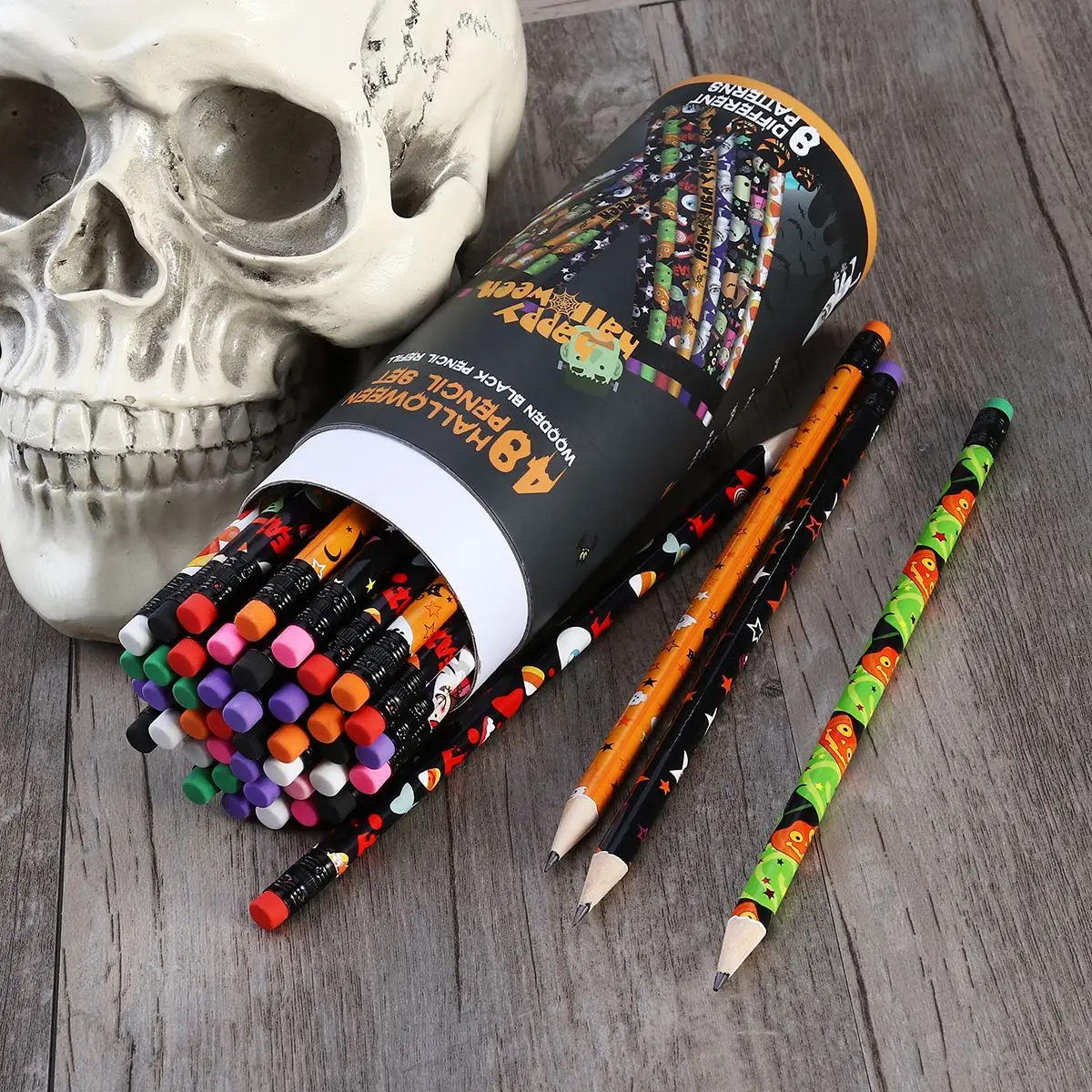 

UNOMOR 48pcs Halloween Pencil Set With Pen Holder Wooden Black Refill Pencil With Lovely Patterns Gift For Halloween