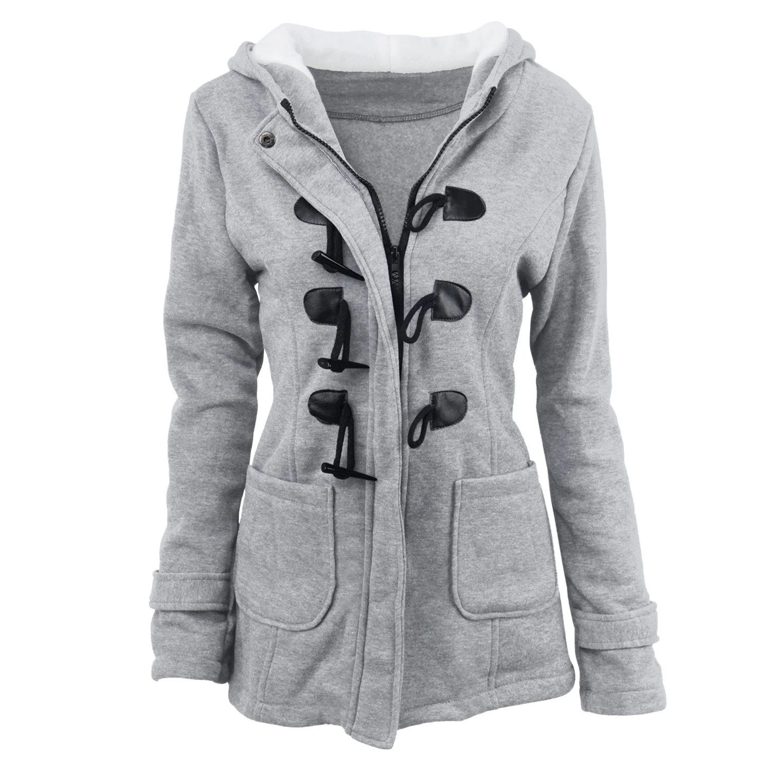 M& DE куртка из смешанного хлопка с роговыми кожаными пряжками, осенне-зимняя куртка с длинным рукавом, Женское пальто, женское длинное пальто с капюшоном, верхняя одежда, манто - Цвет: LIGHT GREY