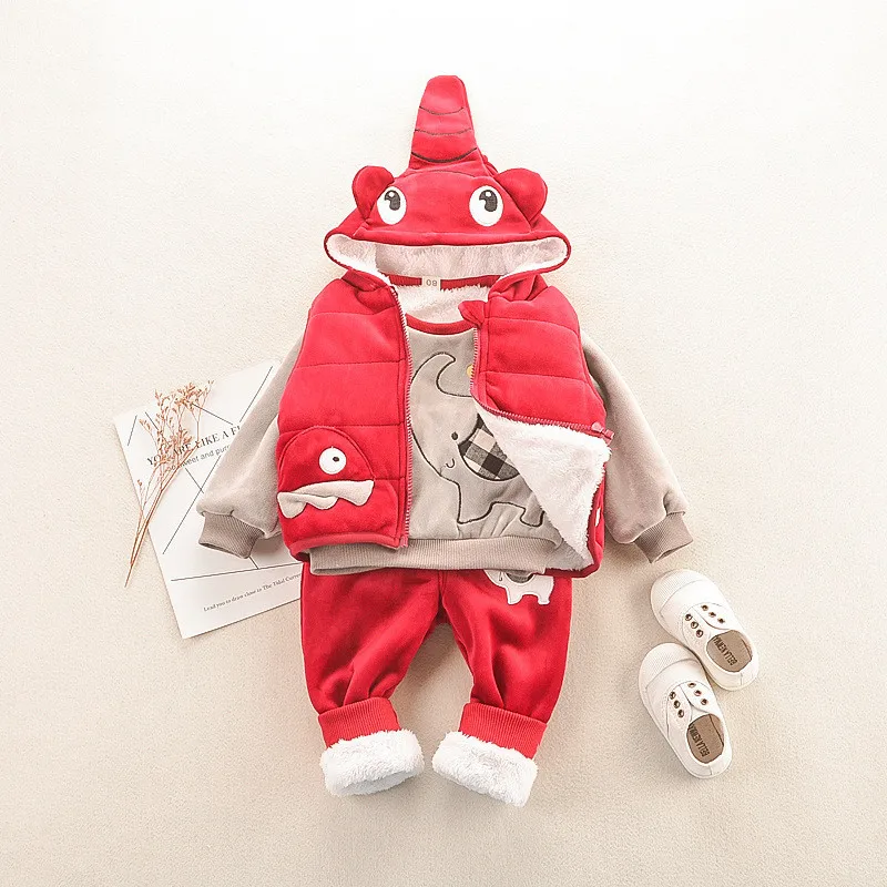 Комплект зимней одежды для мальчиков и девочек 0-5 лет, Повседневный теплый милый детский костюм с мультипликационным принтом, детская одежда, жилет+ толстовка+ штаны - Цвет: Красный