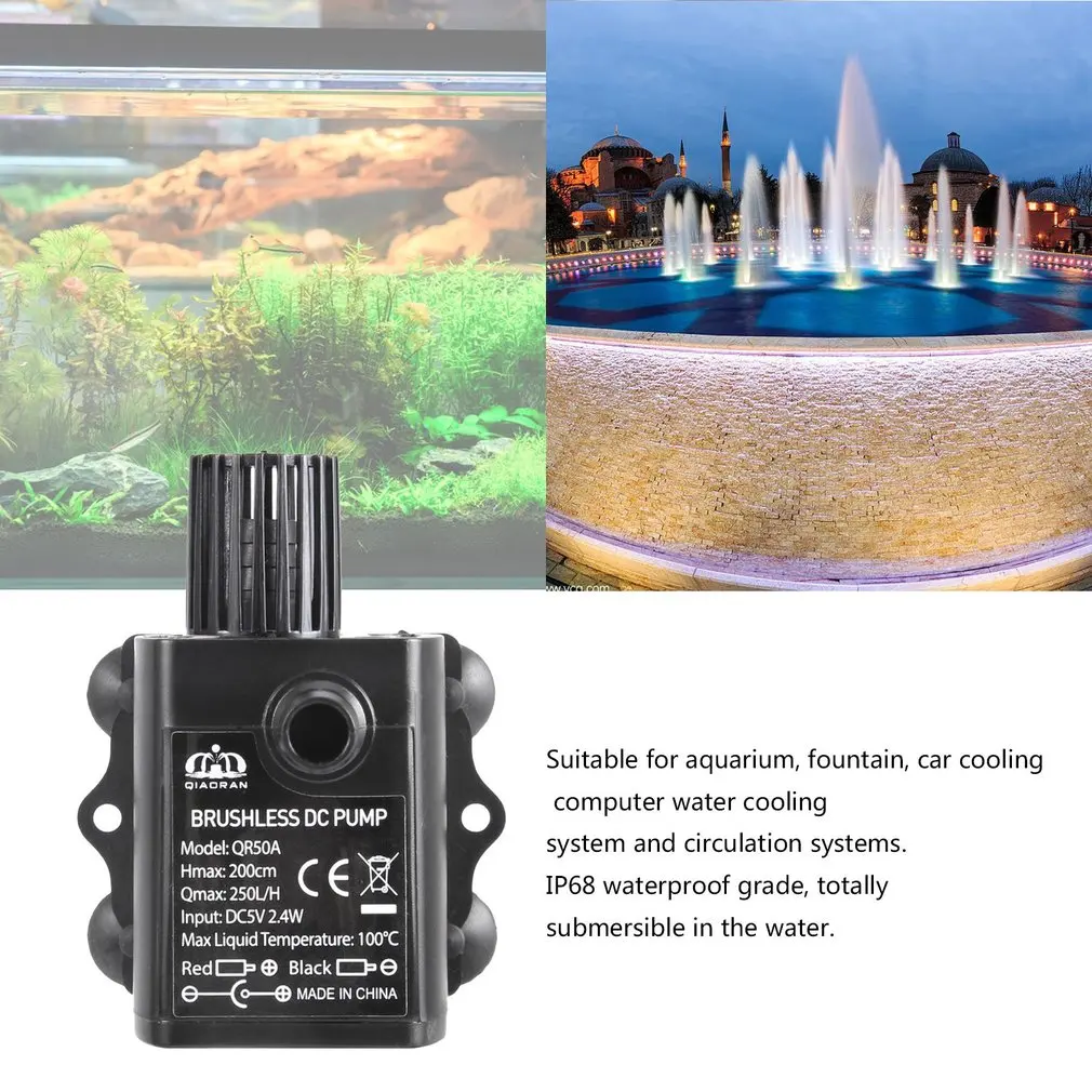 Decdeal Ultra-quiet USB Mini Brushless DC Water Pump DC5V 2.4W 250L/H Lift 2m Submersible Fountain Aquarium Circulating