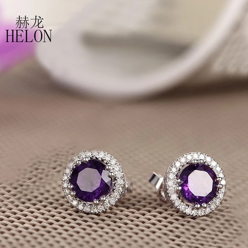 HELON Solid 14K белое золото круглый 1.6ct натуральный аметист Halo Серьги-гвоздики с бриллиантами помолвка Свадебная вечеринка серьги для женщин