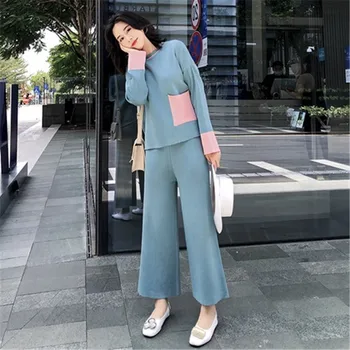 

pocket 2 piece set knitted suit women tracksuit spring autumn sweater pullovers elastic waist pants suit knitting set P786
