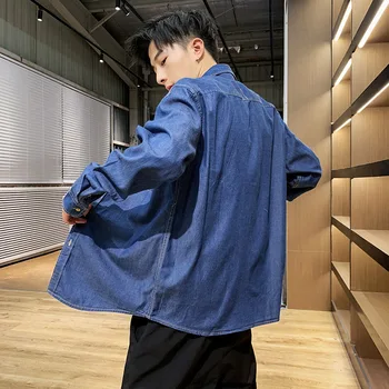 

spring and autumn 2020 pure color long sleeve shirt cowboy shirt young male han edition cultivate morality men's jacket