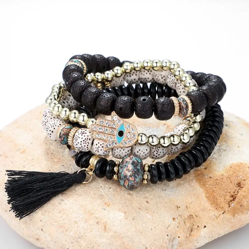 

Set Of 4 Evil Eye Fatima Hamsa Hand Wood Beads Bangle Bracelets Lucky Jewelry U50C