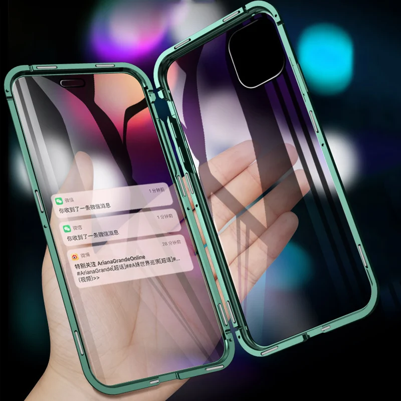 Роскошный Магнитный чехол 360 для iPhone 11 Pro Max из закаленного стекла металлический