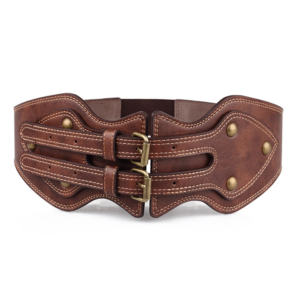 Womens Wide Waist Belt Leather Punk Rivet Female Belts Cummerbunds Brown Ladies Elastic Corset