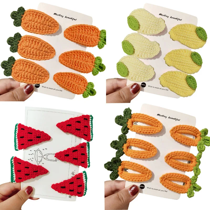 5PCS/6PCS Handmade Girls Cute Knitting Fruit Hairpins Set Children Lovely Hair Clip Barrette Fashion Hair Accessories high capacity knitted pencil case student makeup kit for girls yarn knitting storage bag