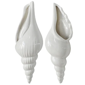

2Pcs Modern White Ceramic Sea Shell Conch Flower Vase Wall Hanging Home Decor Living Room Background Wall Decorated Vase, 1Pcs S
