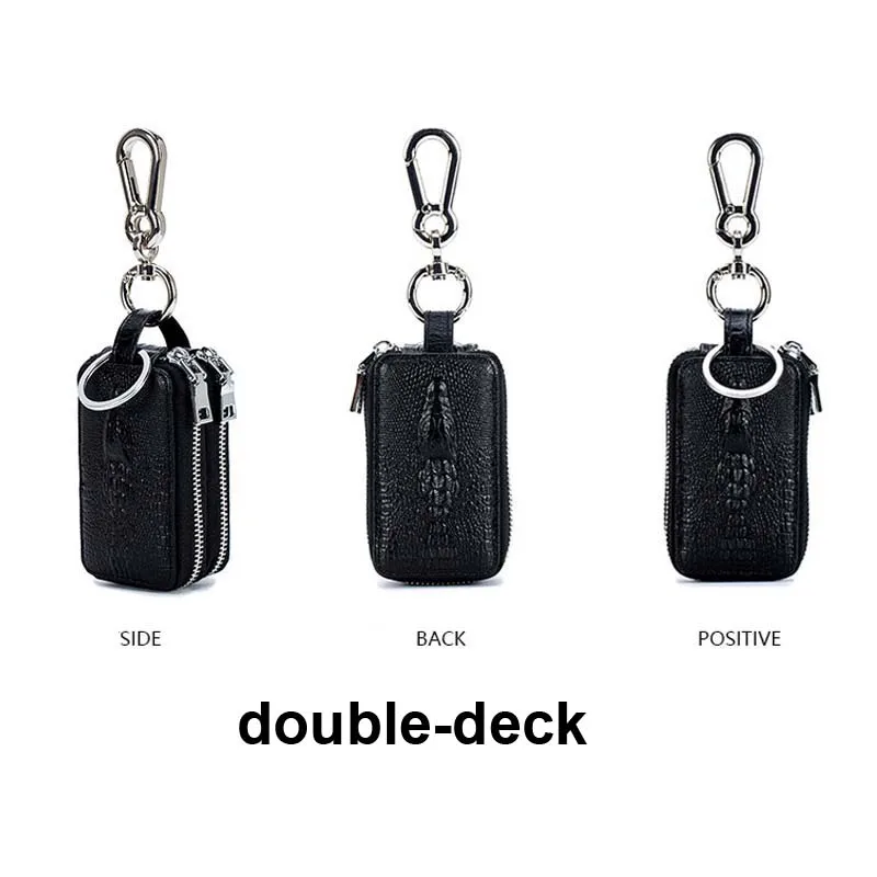 black 2-deck Двухслойная фигурка крокодила мини из натуральной кожи авто ключ чехол держатель сумка-Органайзер Кошелек Подходит для всех автомобильных ключей - Название цвета: black 2-deck
