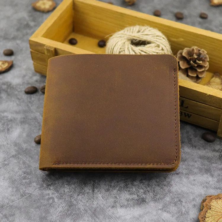Настоящий кошелек из кожи Crazy Horse, минималистичные мужские короткие кошельки, винтажные кошельки, 2 сложения, простые мужские маленькие кошельки из воловьей кожи - Цвет: Brown 1