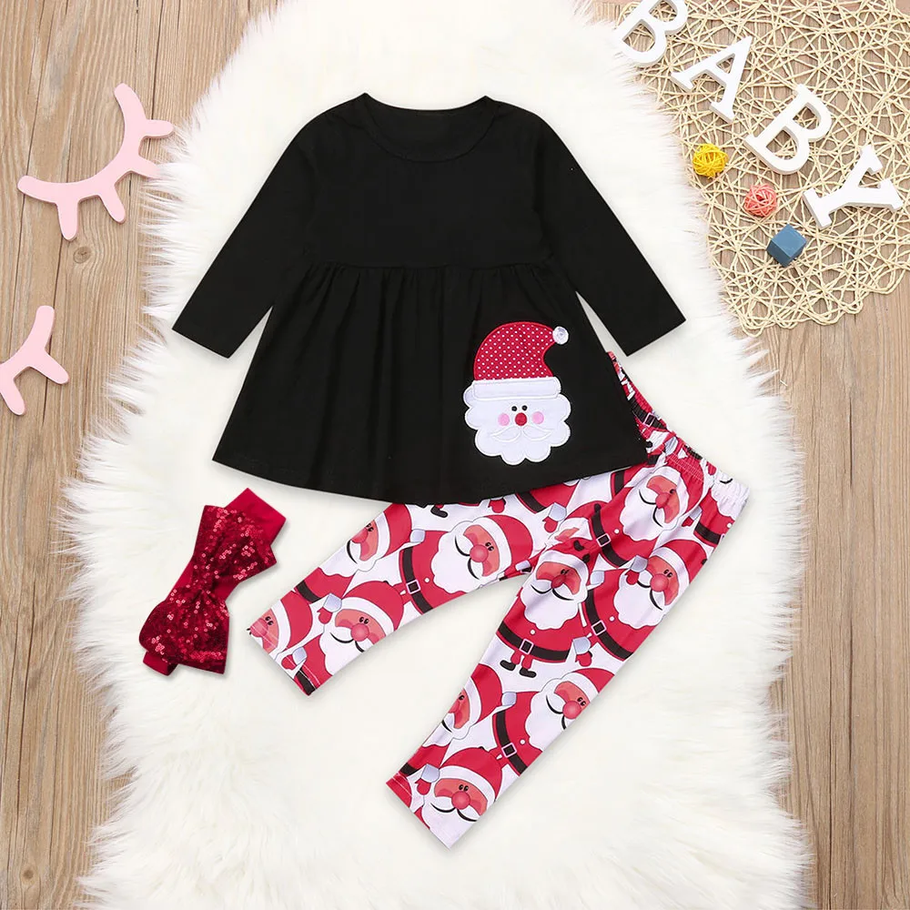 

Christmas Baby Clothes Toddler Baby Girls Cartoon Santa Print Dress+Pants+Headbands Christmas Outfits boutique kids Warm Clothes