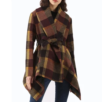 

Woolen Coat Female Autumn Winter Loose Plaid Jacket Kpop Mid-Long Asymmetric Outerwear Slim Lapel Bandage Manteau Femme L0187