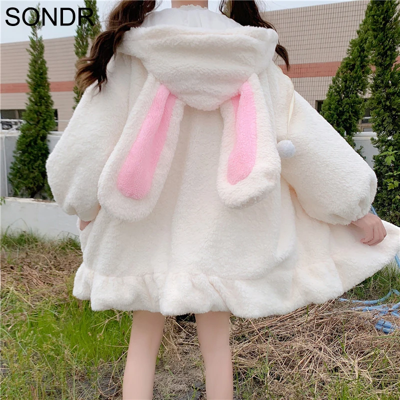 Chaqueta con cremallera para mujer, abrigo de lana de imitación con Orejas de conejo de peluche, con capucha, suave, con volantes, más algodón grueso, novedad
