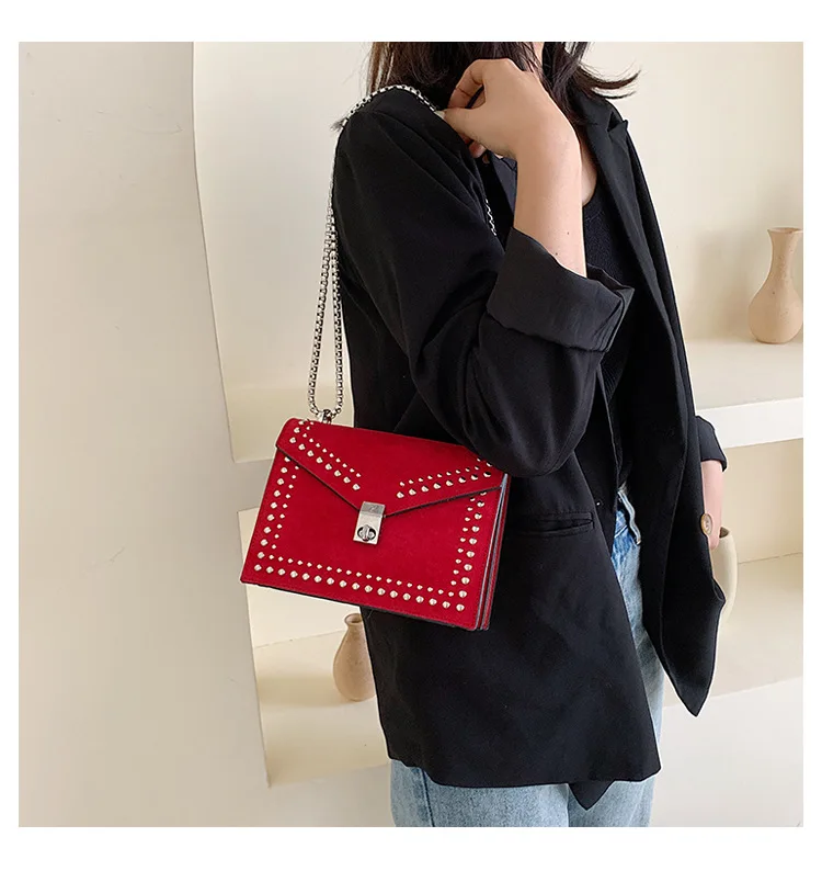 Vintage Leather Crossbody Bags For Women Travel Handbag Chain Fashion Rivet Lock Small Shoulder Messenger Bags Female Flaps