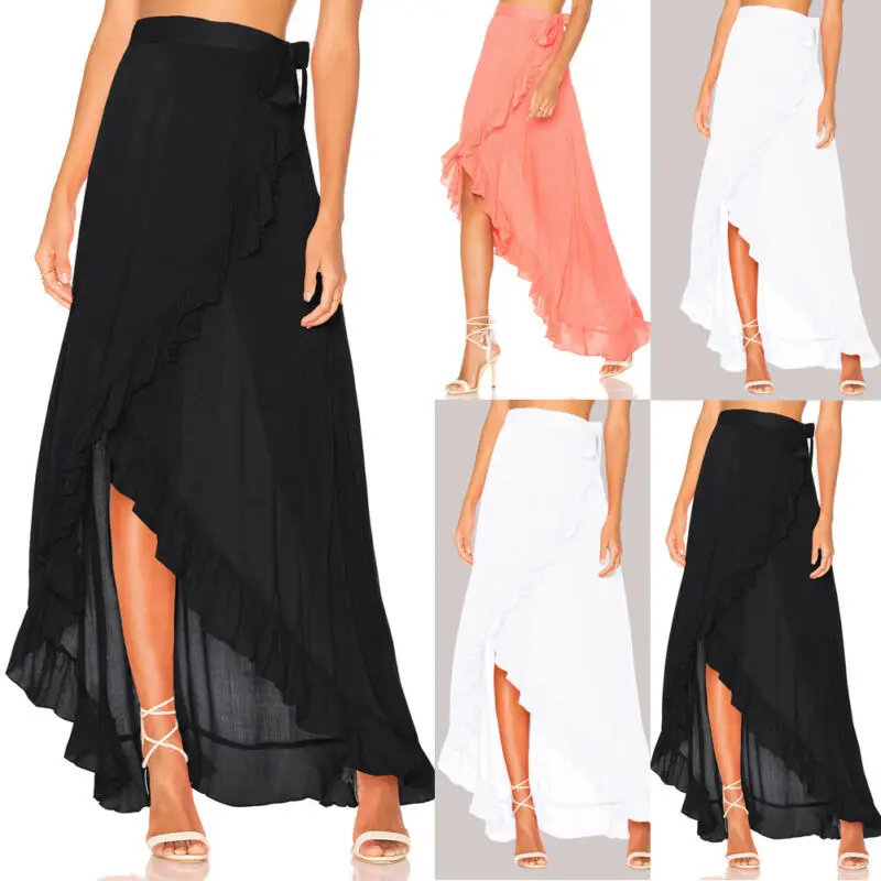 Женская шифоновая плиссированная юбка с оборками, талия ниже колена, асимметричная длинная юбка миди