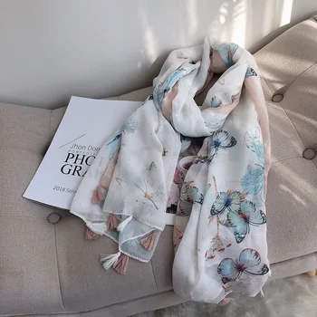 

Spring and Autumn 2020 thin flower shawl long small fresh spring and summer new sequin butterfly cotton silk scarf lady scarf