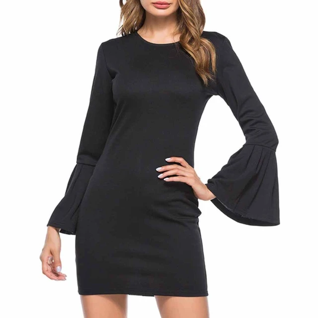 Vestido negro mujer, redondo, vestido suelto de Primavera Verano, manga larga acampanada, minivestidos de fiesta informales, vestidos ajustados para mujer, novedad -