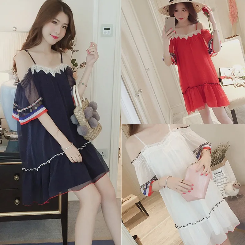 

Neckline Knee-Length Solid Color Women A-Line Sexy Temperament Summer Sling Mid-length Ruffle Sleeve Sling Casual Dress