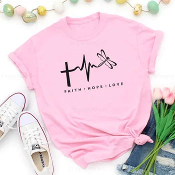 

Enjoythespirit Faith Hope Love T Shirt Women Short Sleeve Light Pink Summer Basic T-shirt Cotton Round Collar Clothes Dropship