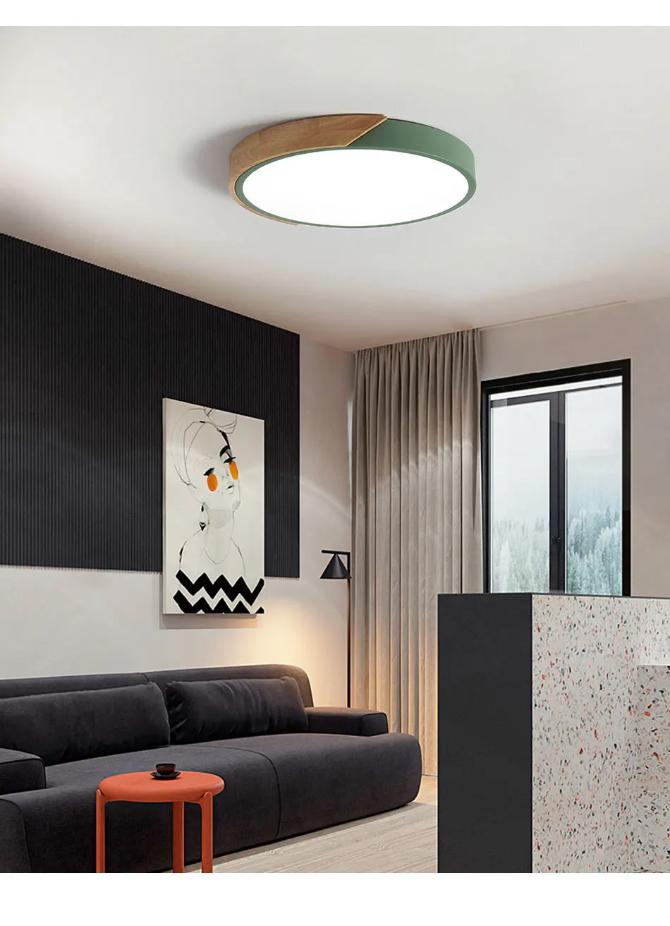 LED Ceiling Light Modern Nordic colorful Round Lamp Wooden Home Living Room Bedroom  Surface Mounted Lighting Fixture Remote