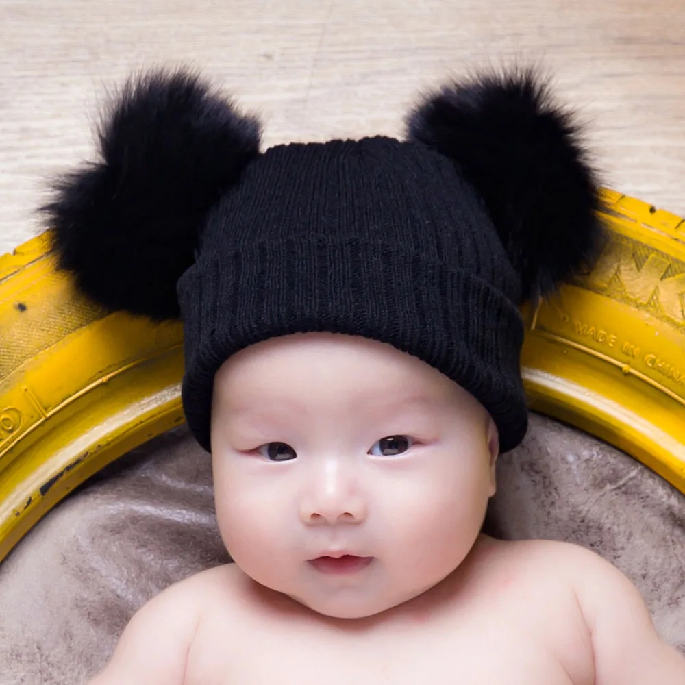 

2020 New Style Children Knitted Wool Cap Really Fox Fur Ball Hat Infant Baby Warm Earmuffs Hat Cute Beanie Enfant Bonnet